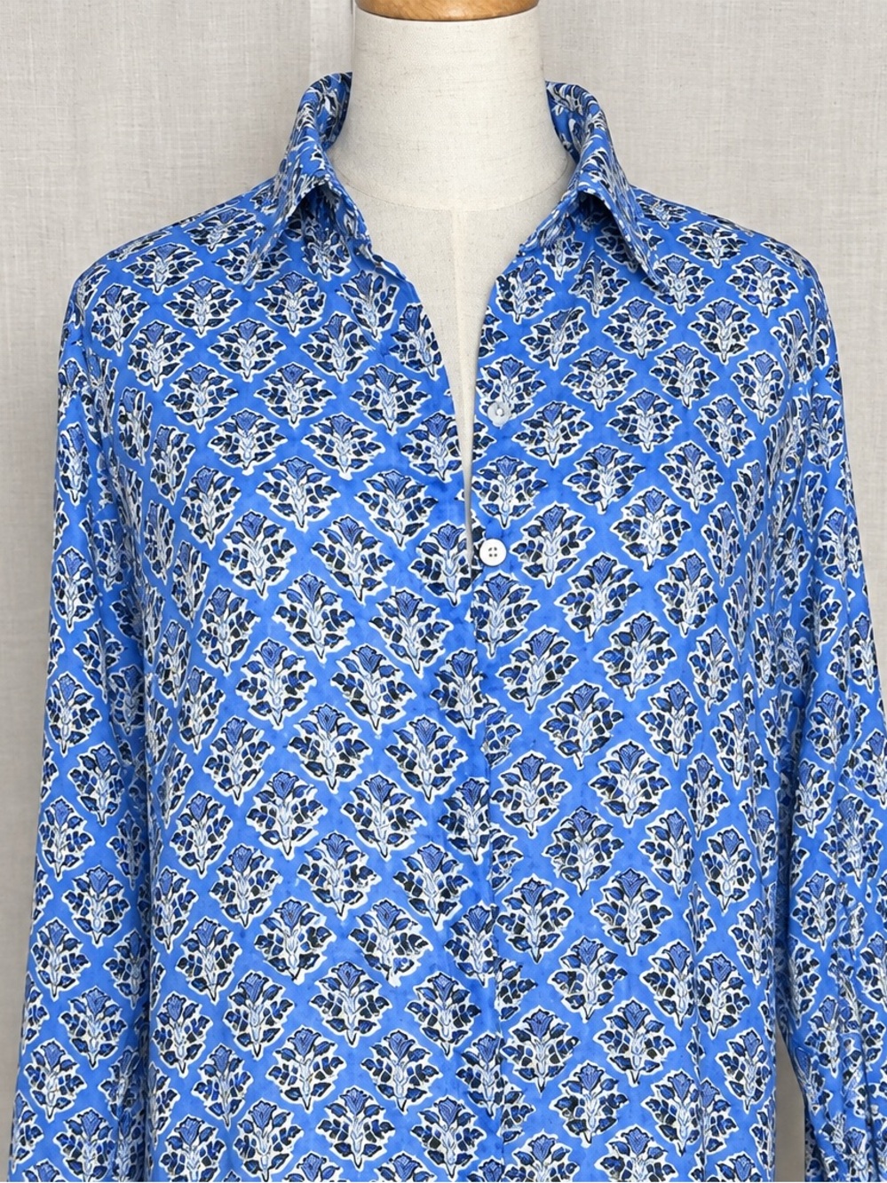 Madison Mathews Elizabeth Maxi Shirt Dress Blue Block Print Size Small